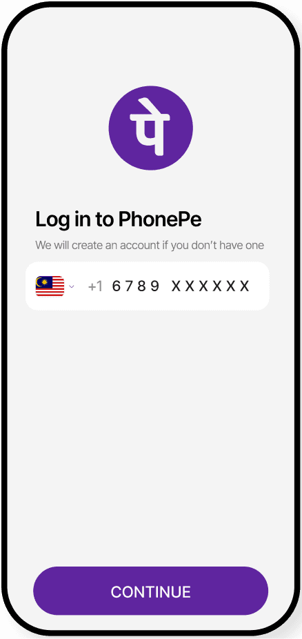 Step 1: PhonePe ऐप डाउनलोड करके खोलें और अपने बैंक में रजिस्टर्ड मोबाइल नंबर से लॉगिन करें।